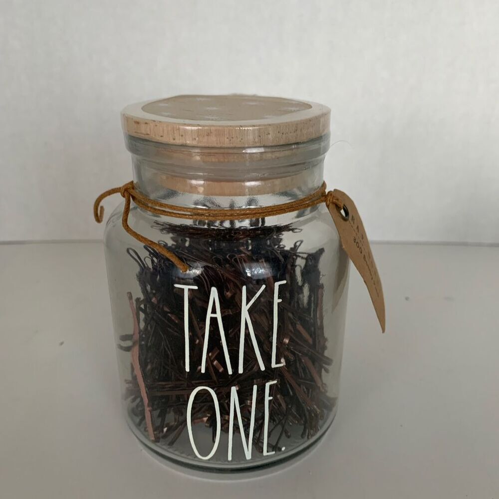 Rae Dunn Glass Jar “Take One” with Bobby Pins Wood Lid Bathroom / Vanity Decor - Picture 5 of 6